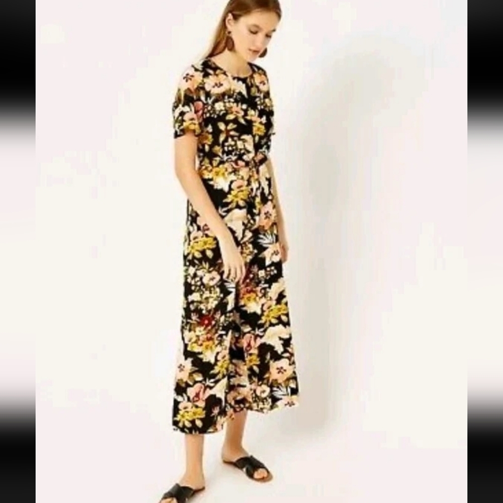 WAREHOUSE HIBISCUS TIE FRONT FLORAL CROPPED LEG JUMPSUIT SUMMER LOOK US 6 BOHO - Picture 2 of 14